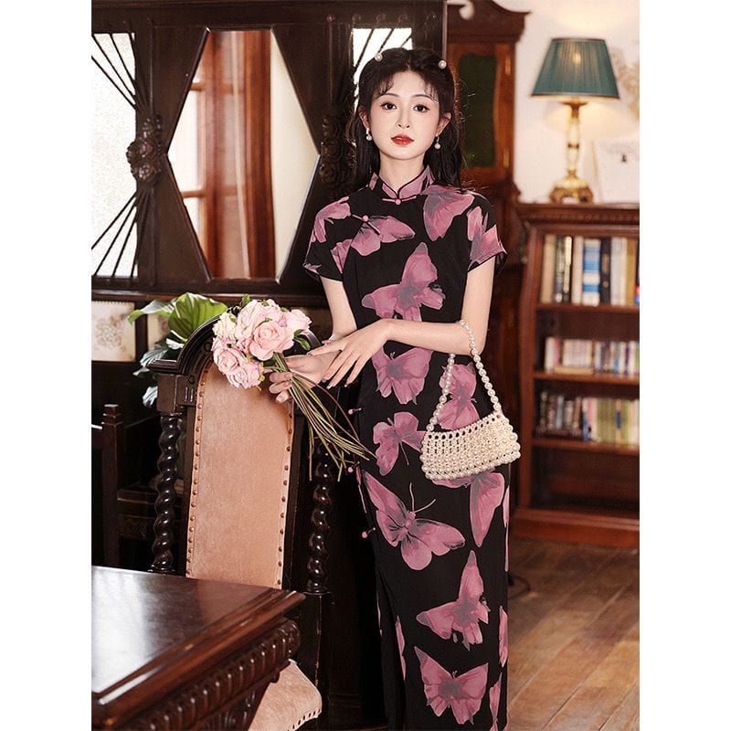 Beth and Brian Qipao-LSB Chiffon fabric, mid-length daily Cheongsam