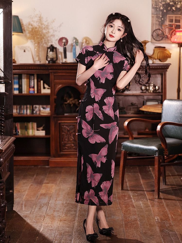 Beth and Brian Qipao-LSB Chiffon fabric, mid-length daily Cheongsam
