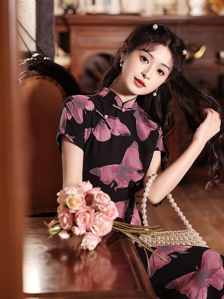 Beth and Brian Qipao-LSB Chiffon fabric, mid-length daily Cheongsam
