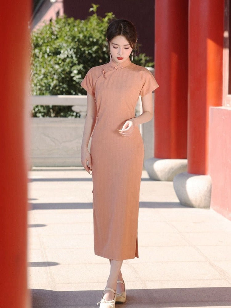 Beth and Brian Qipao-YG Stripe pattern, cotton&linen mid-length Cheongsam