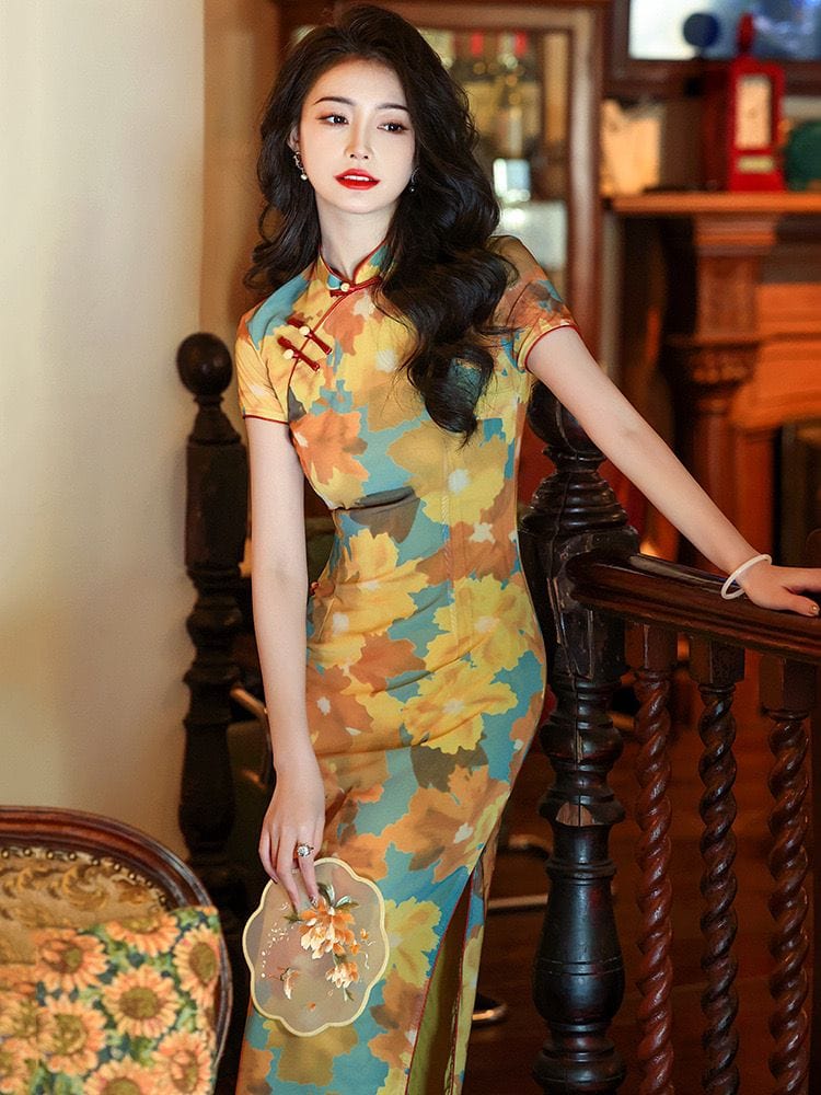 Beth and Brian Qipao-DXJ Summer collection, floral pattern mid-length Cheongsam