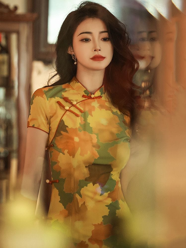 Beth and Brian Qipao-DXJ Summer collection, floral pattern mid-length Cheongsam