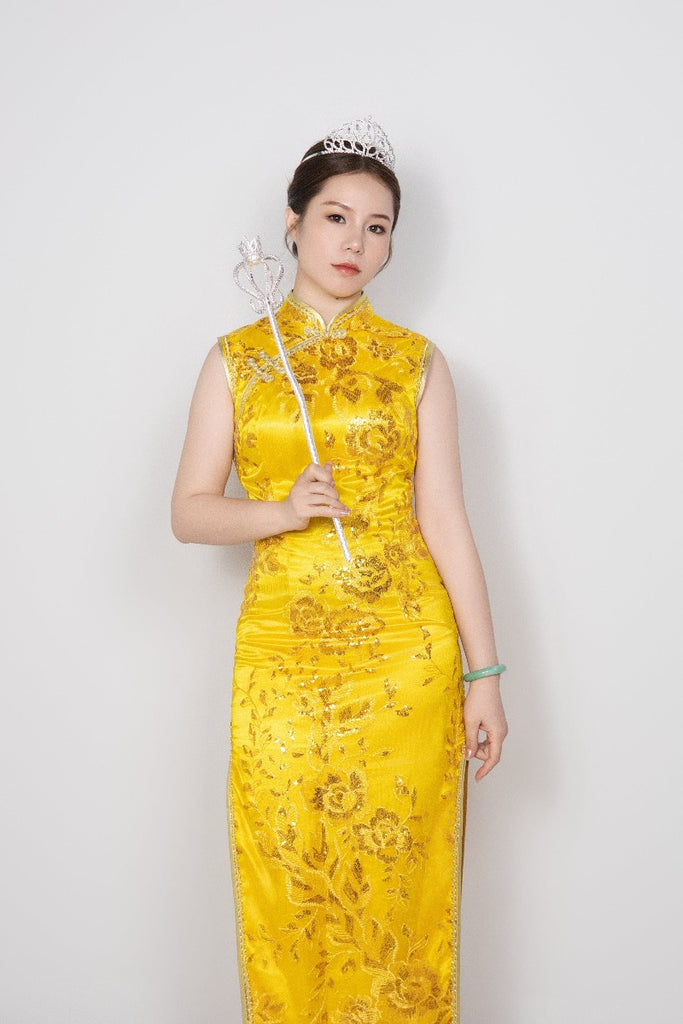 Beth and Brian Qipao - SDX Golden floral embroidery long Qipao