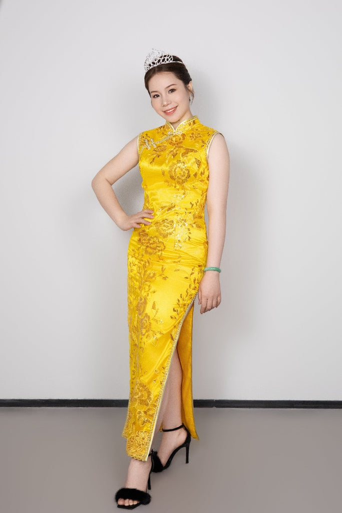 Beth and Brian Qipao - SDX Golden floral embroidery long Qipao