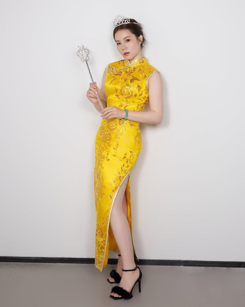 Beth and Brian Qipao - SDX Golden floral embroidery long Qipao