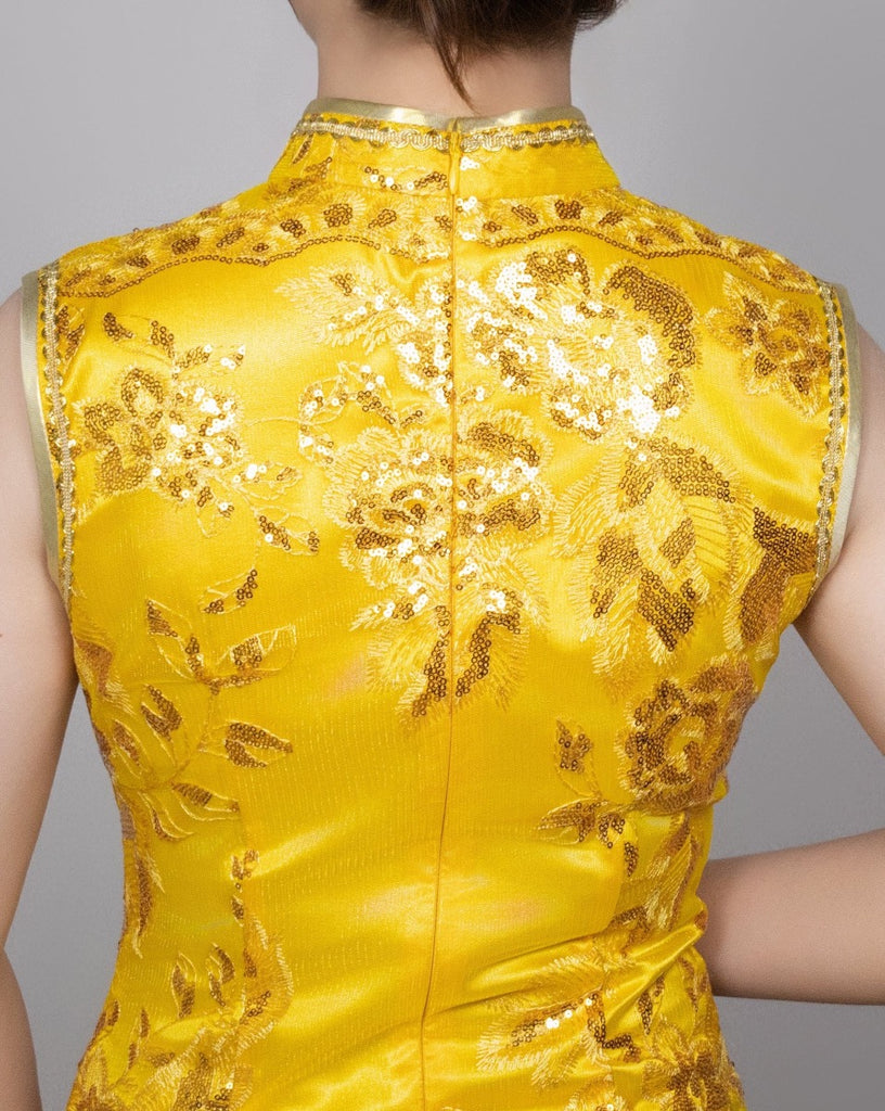 Beth and Brian Qipao - SDX Golden floral embroidery long Qipao