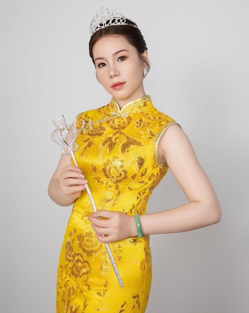 Beth and Brian Qipao - SDX Golden floral embroidery long Qipao