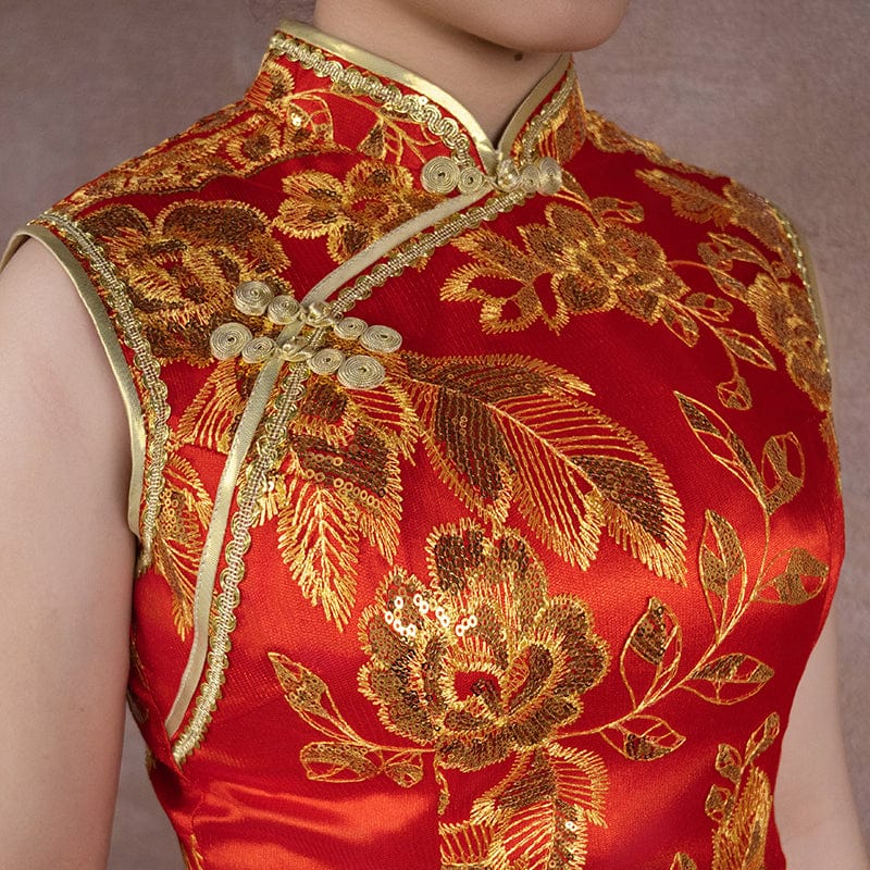 Beth and Brian Qipao - SDX Golden floral embroidery, red long Qipao