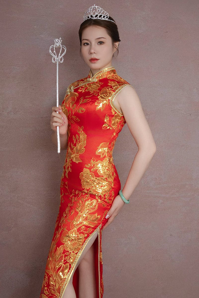 Beth and Brian Qipao - SDX Golden floral embroidery, red long Qipao