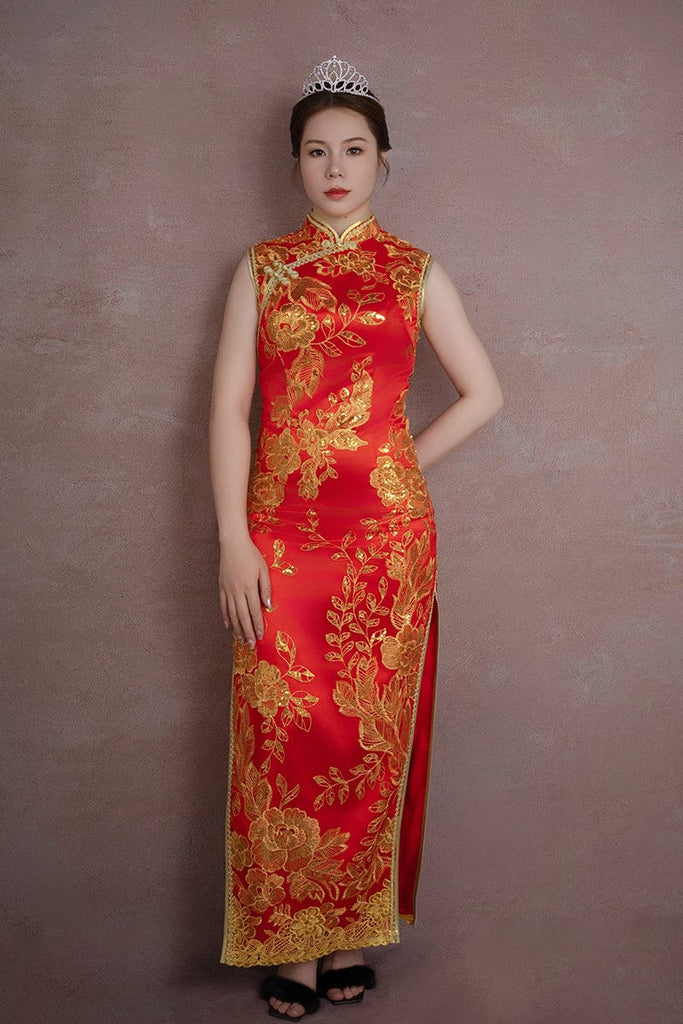 Beth and Brian Qipao - SDX Golden floral embroidery, red long Qipao