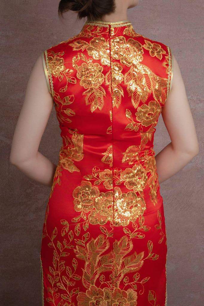 Beth and Brian Qipao - SDX Golden floral embroidery, red long Qipao