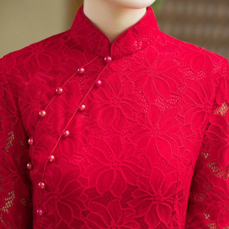 Beth and Brian Qipao-MYJ Floral pattern, lace fabric, red midi Cheongsam