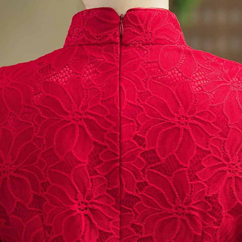 Beth and Brian Qipao-MYJ Floral pattern, lace fabric, red midi Cheongsam