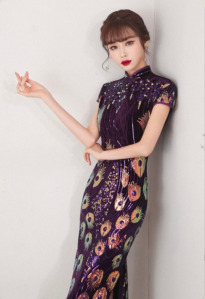 Beth and Brian Qipao- YKS Sequins oriental prom dress, Sequins Chinese evening Qipao