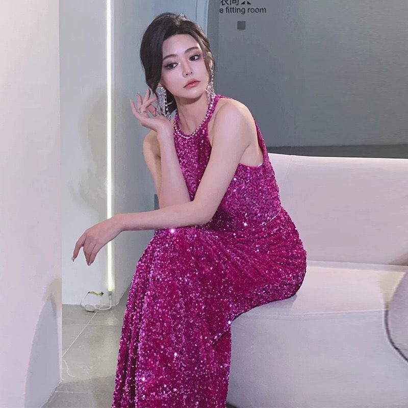Beth and Brian Qipao-MY New Chinese style (新中式), Backless, sequins long Cheongsam