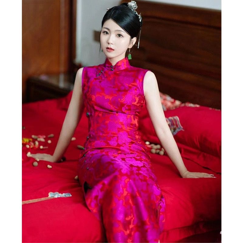 Beth and Brian Qipa-JMX New Chinese style (新中式), sleeveless fuchsia midi Cheongsam