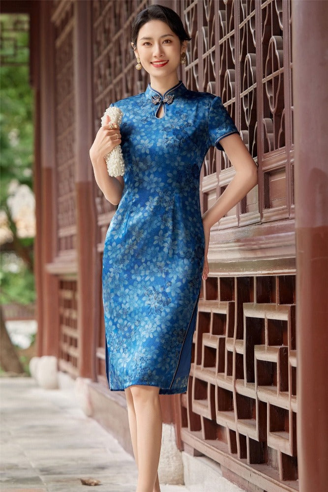 Beth and Brian Qipao-MYJ Floral print, silk midi plus size Cheongsam