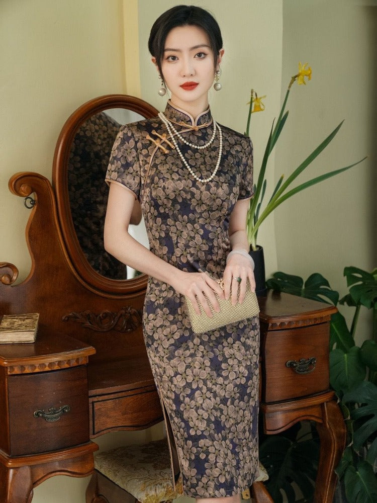 Beth and Brian Qipao-MYJ Floral print, silk midi plus size Cheongsam