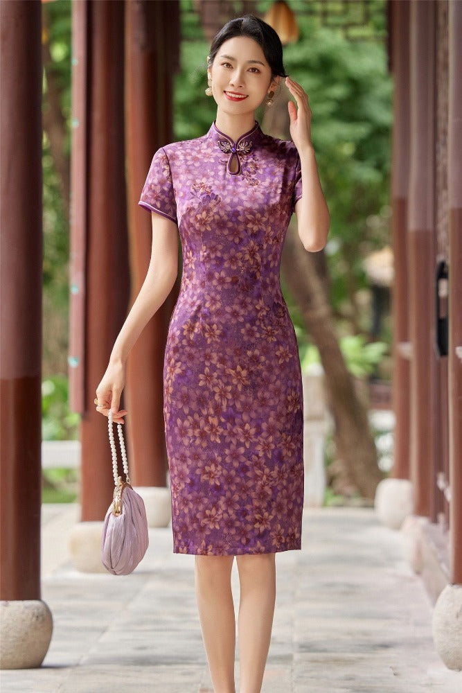Beth and Brian Qipao-MYJ Floral print, silk midi plus size Cheongsam