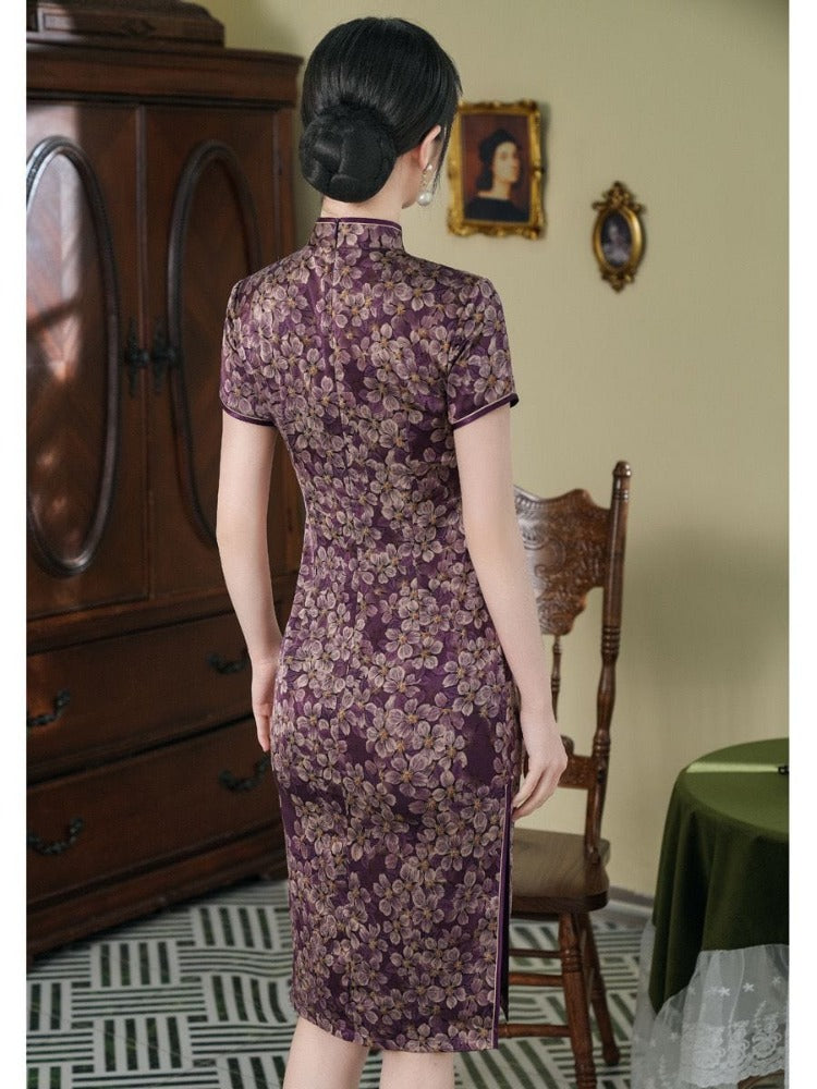 Beth and Brian Qipao-MYJ Floral print, silk midi plus size Cheongsam