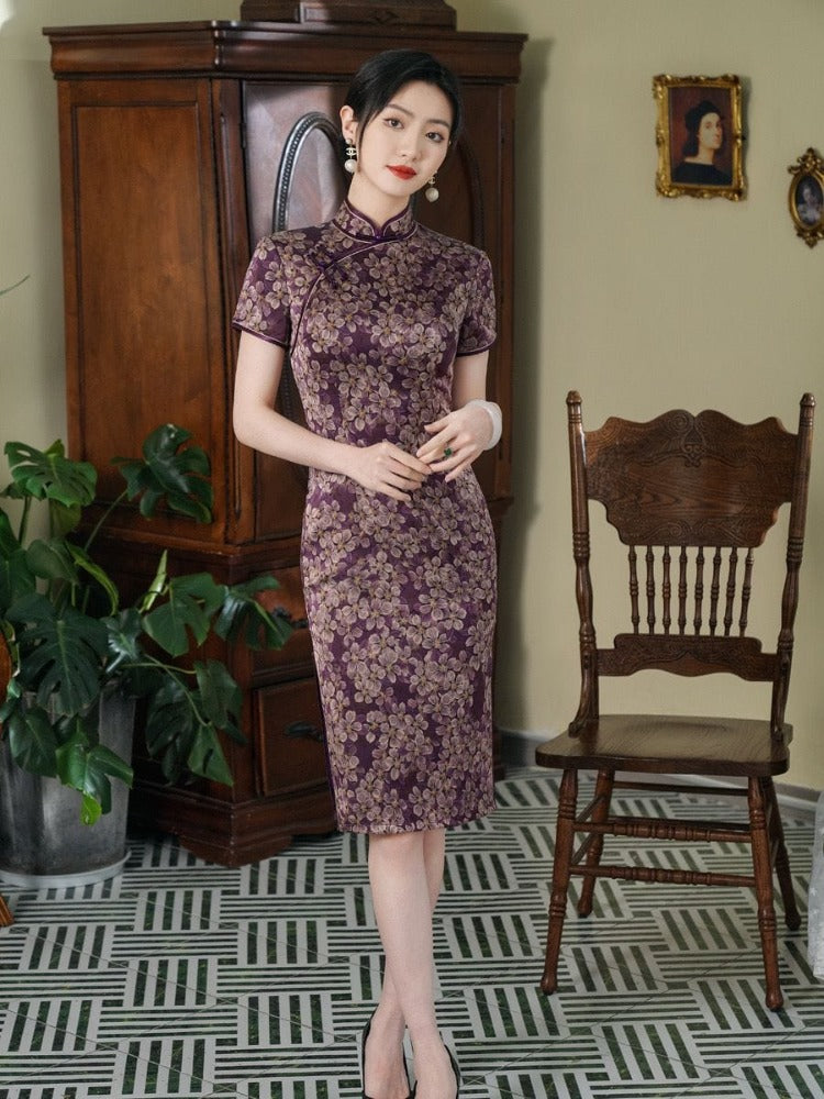 Beth and Brian Qipao-MYJ Floral print, silk midi plus size Cheongsam