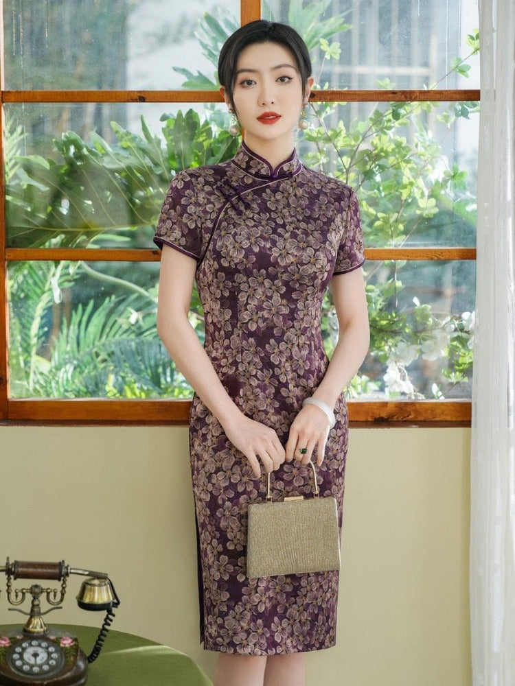 Beth and Brian Qipao-MYJ Floral print, silk midi plus size Cheongsam