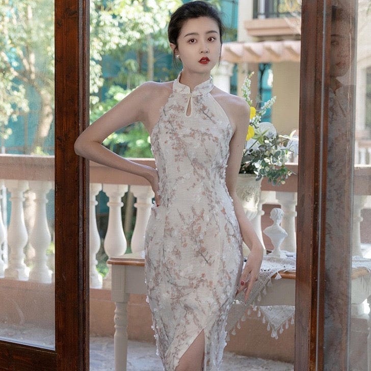 Beth and Brian Qipao-LJ New Chinese style (新中式), floral pattern, beige midi Cheongsam