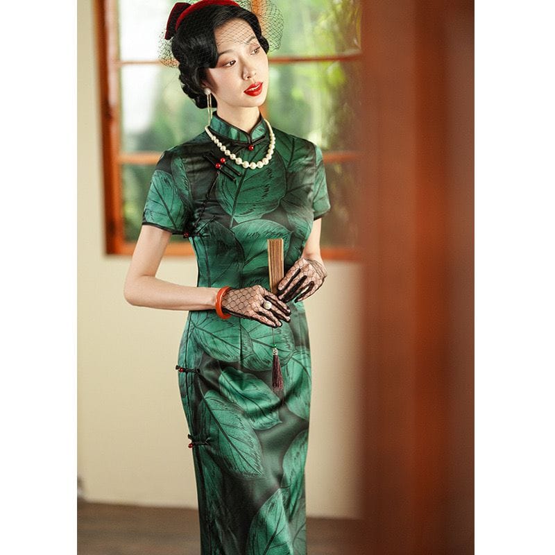 Beth and Brian Qipao-JD 19 mome mulberry silk, leaf pattern high end long Cheongsam