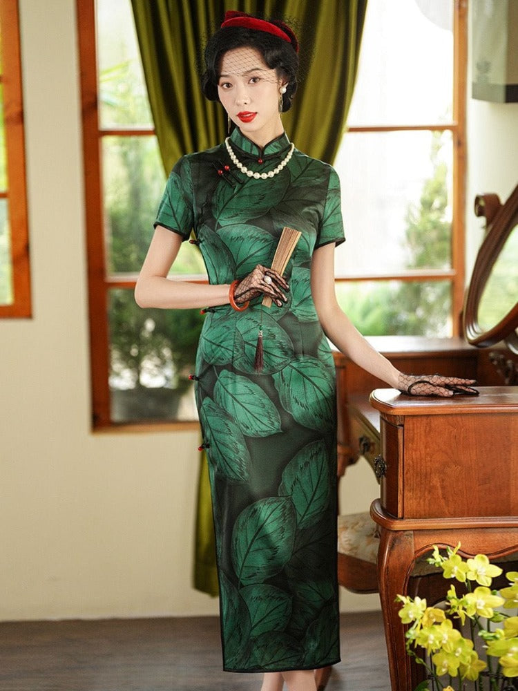 Beth and Brian Qipao-JD 19 mome mulberry silk, leaf pattern high end long Cheongsam