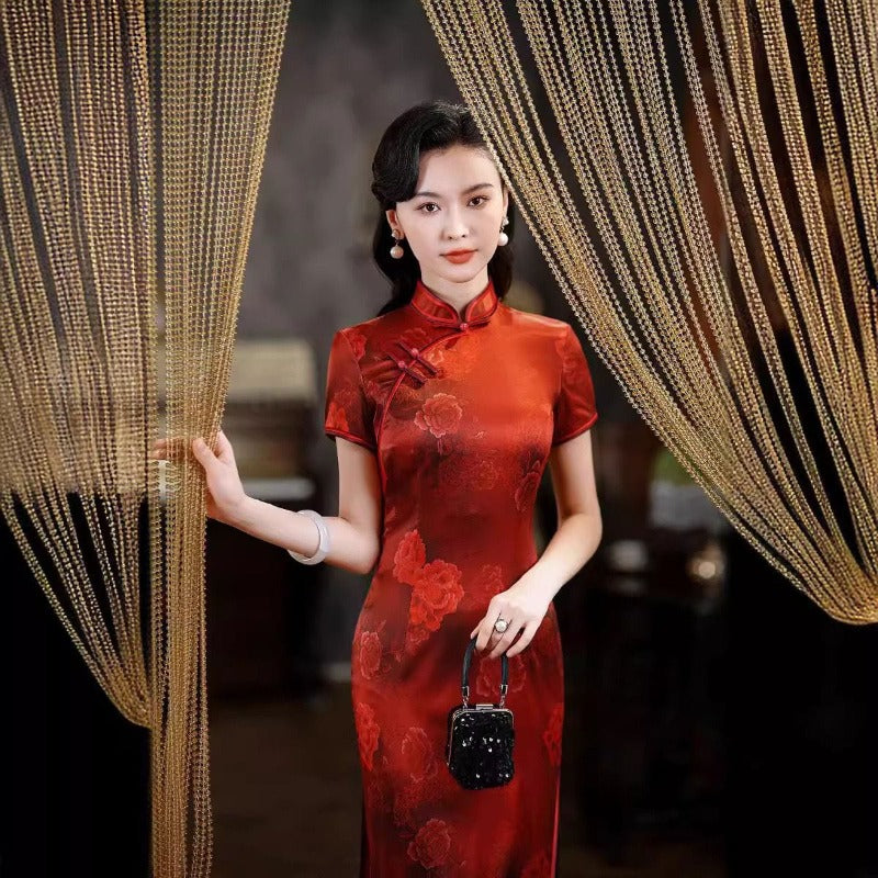 Beth and Brian Qipao - QXY 19 mome mulberry silk, floral pattern, high-end long Cheongsam