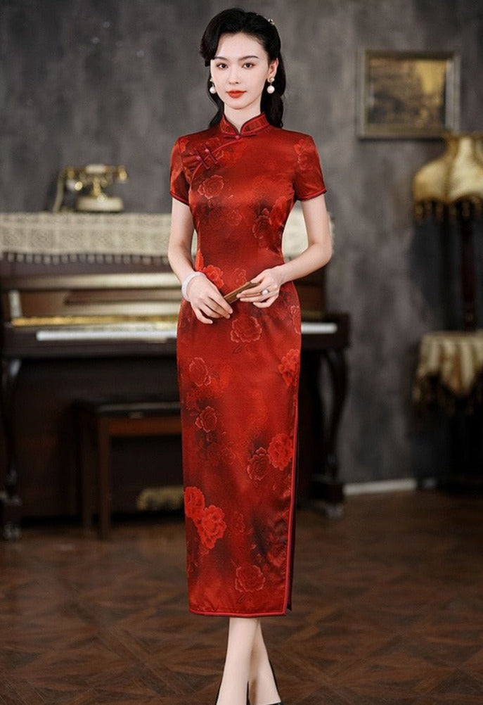 Beth and Brian Qipao - QXY 19 mome mulberry silk, floral pattern, high-end long Cheongsam
