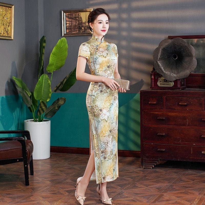 Beth and Brian Qipao-WXG Leaf pattern, high end, silk long Cheongsam