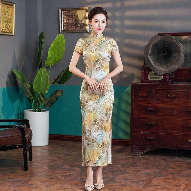 Beth and Brian Qipao-WXG Leaf pattern, high end, silk long Cheongsam