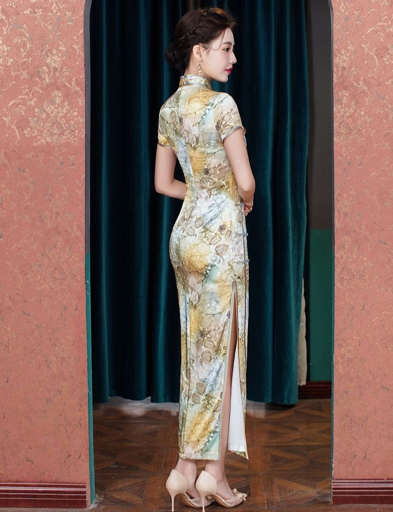 Beth and Brian Qipao-WXG Leaf pattern, high end, silk long Cheongsam