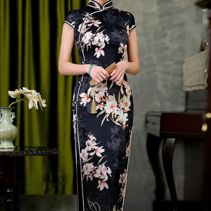 Beth and Brian Qipao-WXG 19 mome mulberry silk, floral pattern, High-end long Cheongsam