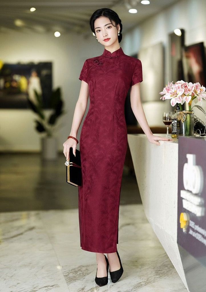 Beth and Brian Qipao-QHJS 19 mome mulberry silk, High-end, wine red long Cheongsam