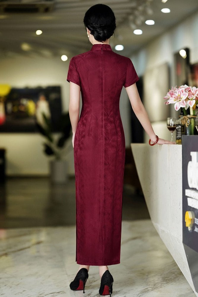 Beth and Brian Qipao-QHJS 19 mome mulberry silk, High-end, wine red long Cheongsam