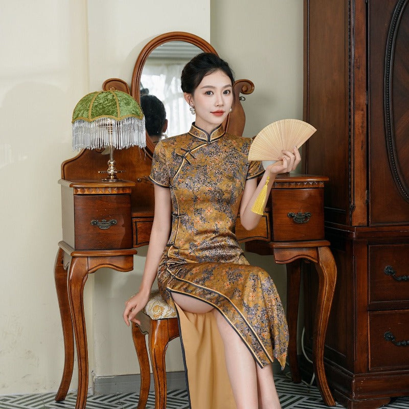 Beth and Brian Qipao-QHJS 19 mome mulberry silk, floral pattern, High-end long Cheongsam