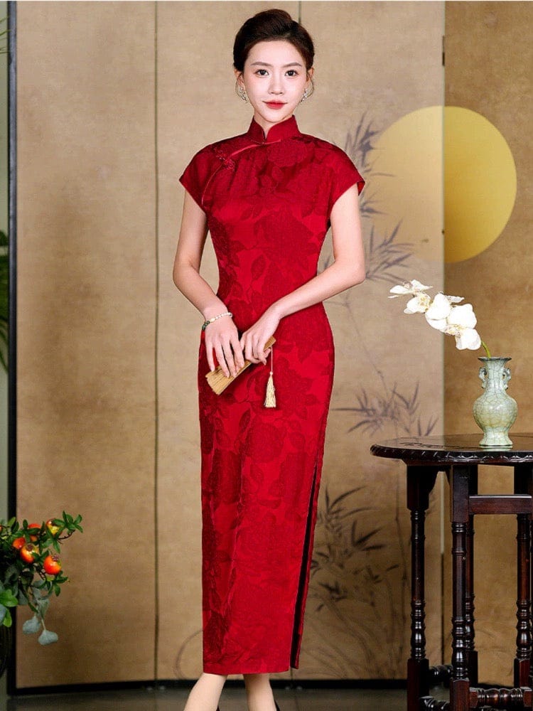 Beth and Brian Qipao-QHJS Floral pattern, acetate fabric long Cheongsam