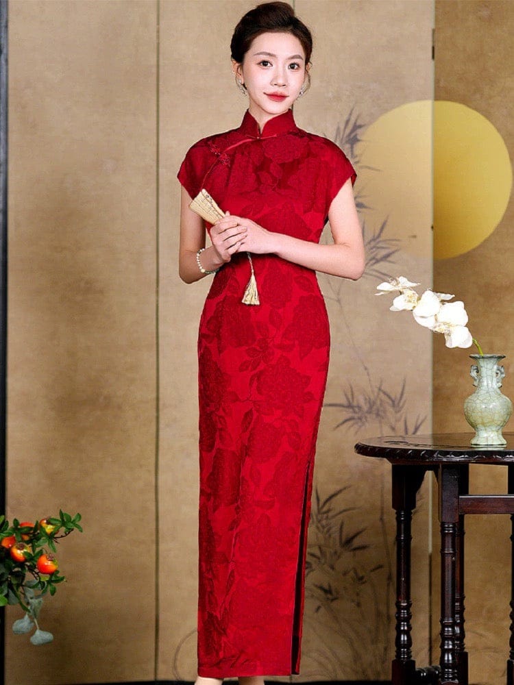 Beth and Brian Qipao-QHJS Floral pattern, acetate fabric long Cheongsam