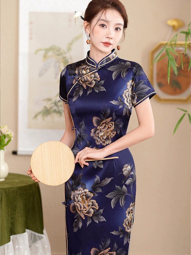 Beth and Brian Qipao-QHJS 19 mome mulberry silk, floral pattern, High-end long Cheongsam