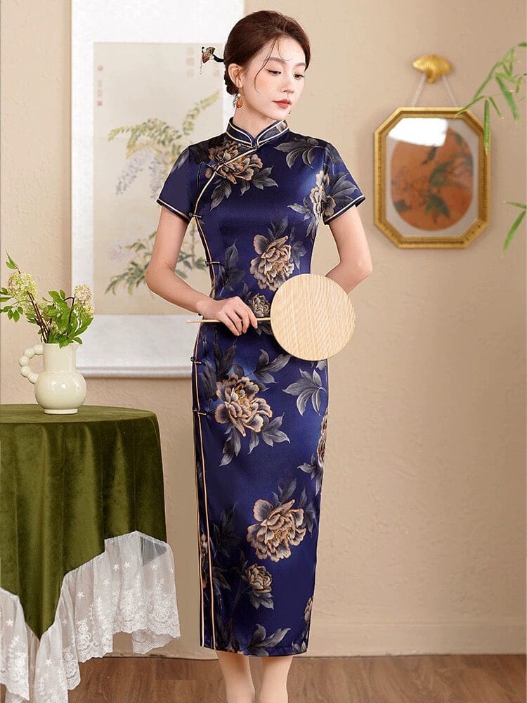 Beth and Brian Qipao-QHJS 19 mome mulberry silk, floral pattern, High-end long Cheongsam