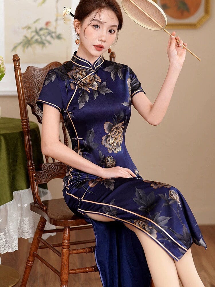 Beth and Brian Qipao-QHJS 19 mome mulberry silk, floral pattern, High-end long Cheongsam