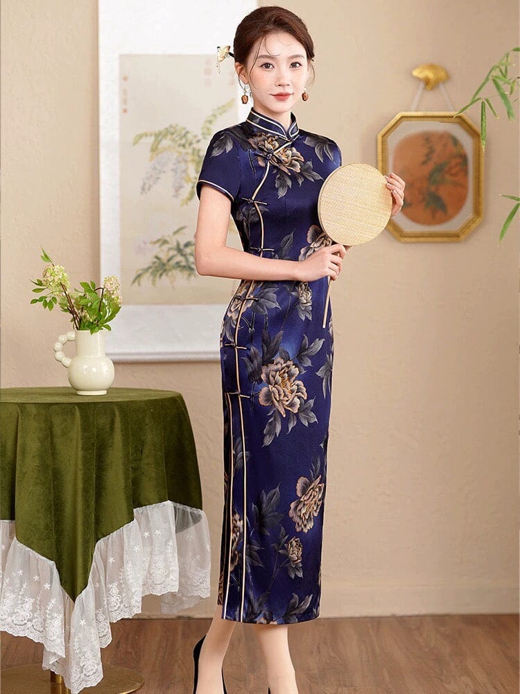 Beth and Brian Qipao-QHJS 19 mome mulberry silk, floral pattern, High-end long Cheongsam