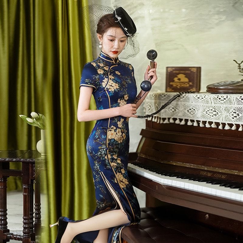 Beth and Brian Qipao-WXG Floral pattern, high-end, mulberry silk long Cheongsam