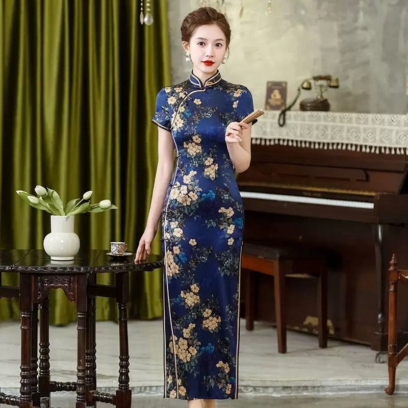 Beth and Brian Qipao-WXG Floral pattern, high-end, mulberry silk long Cheongsam