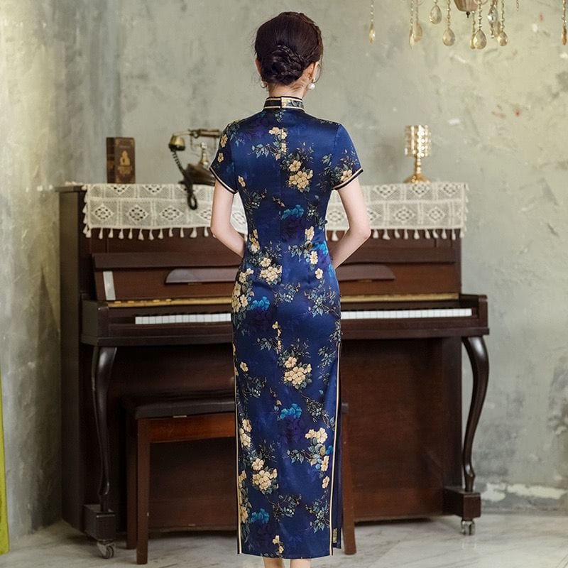 Beth and Brian Qipao-WXG Floral pattern, high-end, mulberry silk long Cheongsam