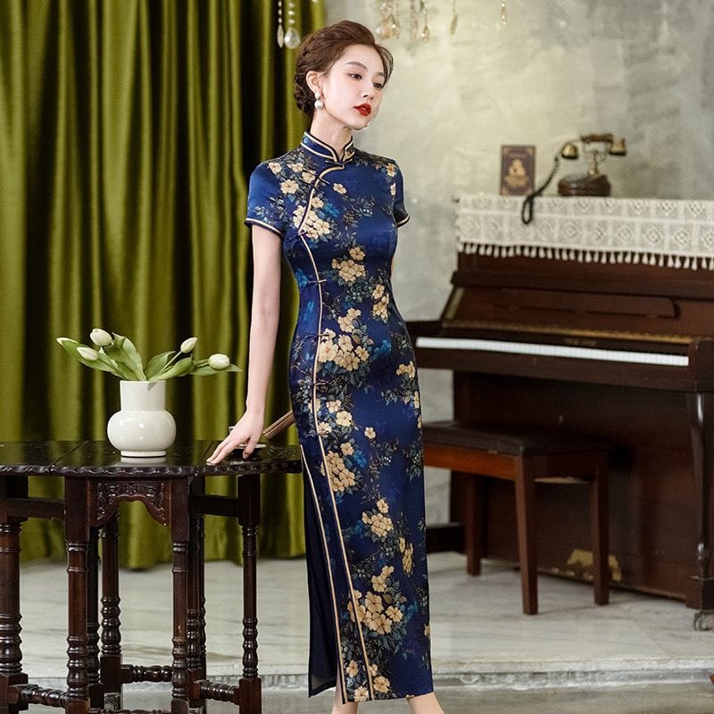 Beth and Brian Qipao-WXG Floral pattern, high-end, mulberry silk long Cheongsam