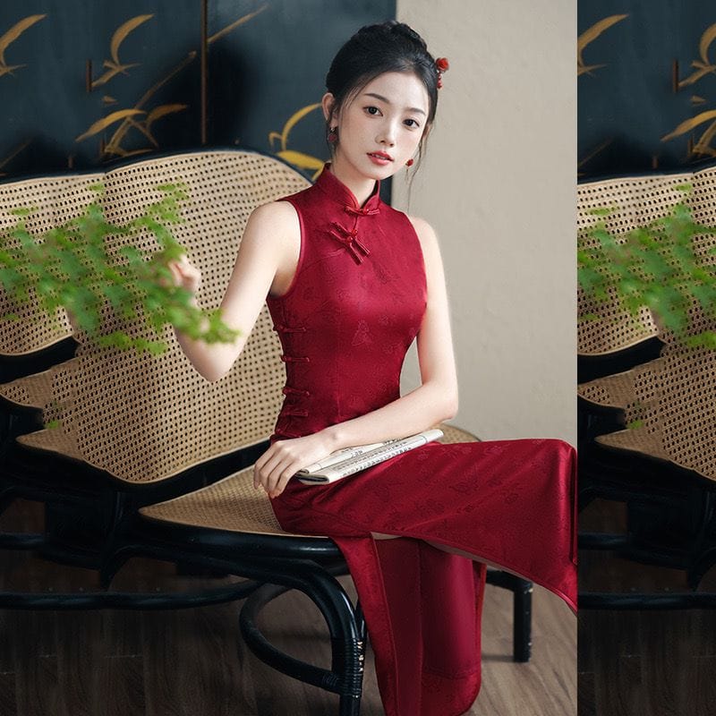 Beth and Brian Qipao-ZQYS New Chinese style (新中式), jacquard red midi Qipao