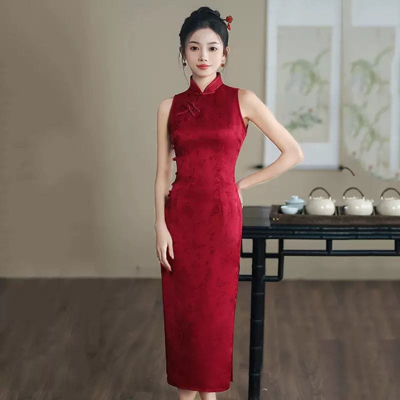 Beth and Brian Qipao-ZQYS New Chinese style (新中式), jacquard red midi Qipao